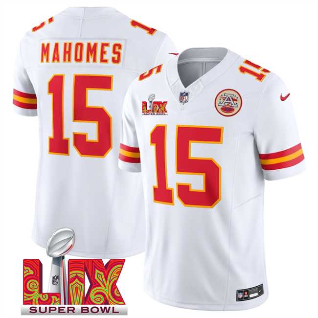 Men & Women & Youth Kansas City Chiefs #15 Patrick Mahomes White 2025 Super Bowl LIX Patch F.U.S.E. Vapor Limited Stitched Jersey